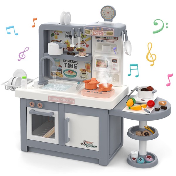 CUTE STONE Play Kitchen Playset - Includes Play Sink, Cooking Stove with Steam, Play Oven & Microwave and 48Pcs Toy Accessories With Lights & Sounds, Kids Kitchen Toy Gift for Ages 3+