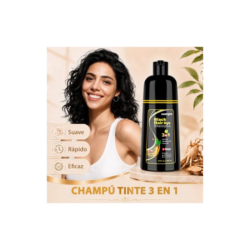 Black Hair Dye Shampoo 3 in 1, Shampoo Tinte Cubre