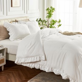 HOLYZONE Pure White Double Ruffle Comforter Set Twin Size, 2 Pieces Rustic Vintage Farmhouse Shabby Chic Bedding Sets, All Season Soft Fluffy Lightweight Comforter Sets for Twin Bed