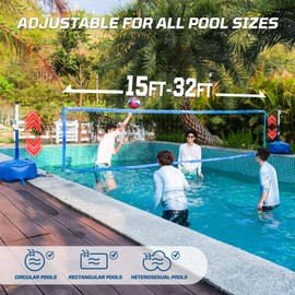 Haokelball Pool Volleyball Net Set – Adjustable 15ft-32ft Length & Height, LED Net, 2 Volleyballs (Standard & Glow-in-The-Dark), 45L Weighted Base, for Family Fun, Pool & Party Games