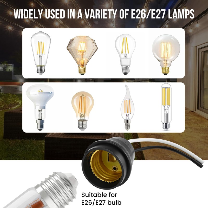 ZDRU 6 PCS E26/E27 Waterproof Lamp Holder Socket, Black Pigtail