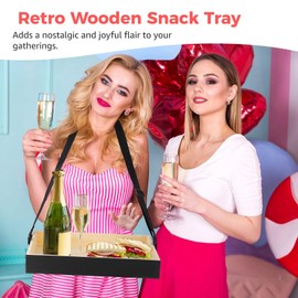 yeesport 2 Pcs Wooden Snack Trays with Straps, Handheld Serving Trays with Adjustable Shoulder Straps, Movie Popcorn Beverage Carriers, Vintage Drinking Holders for Parties and Picnics, Black