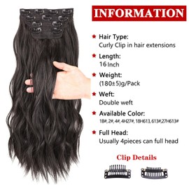 Xtrend 16 Inch Black Brown Wavy Hair Extensions 11 Clips in Hair Extensions Synthetic Hair Pieces for Women Girls 4 Pieces Full Head Set Thick Curly Wavy Synthetic Hair Extensions 2#