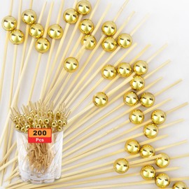 Cocktail Picks Toothpicks for Appetizers 200PCS Fancy Tooth Picks 4.7 Inches Skewers for Fruit Kabobs Gold Disco Party Supplies Bamboo Sticks for Fruit Drinks Food Charcuterie Cocktail Garnish