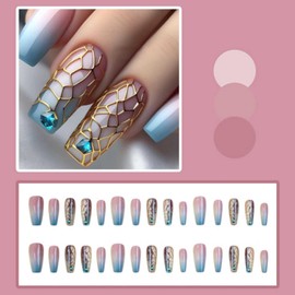 Gifiky Long Coffin False Nails Snake print Gradient Press on Nails Cute Gradient Nails Tips Acrylic Full Cover Fake Nails for Women and Girls 24Pcs