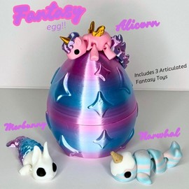 FiJax DESIGNS 3 Pack Fantasy Mini Animal Figurines – 3D Printed Articulating Collectible Figurines – Includes Merbunny, Narwhal & Unicorn – Unique, Majestic Designs with Mystery Egg – Stress Relief