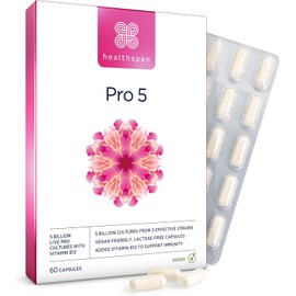Healthspan Probiotic 5 | Multi-Strain probiotic with 5 Billion Live Cultures from 3 Bacteria strains | Vitamin B12 to Support Your Immune Health | Vegan & Lactose Free Capsules