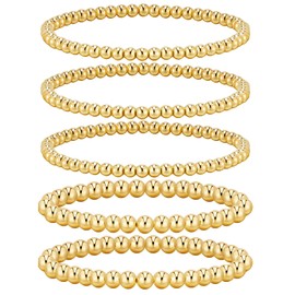5Pcs 14K Gold Plated Bracelets Set Stackable Strand Stretch Trendy Adjustable Elastic Flat Bead Ball Bracelet Stack Bracelets Jewelry Gifts for Women