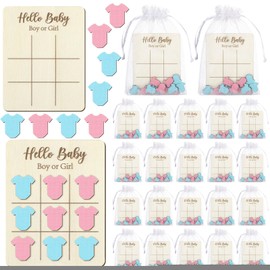 Quzzil 24 Set Gender Reveal Tic Tac Toe Board Game for Guests Gifts Wooden Hello Baby Board Games Mini 3.54 x 2.76 Inches Boy or Girl Baby Shower Party Favors with Organza Bags