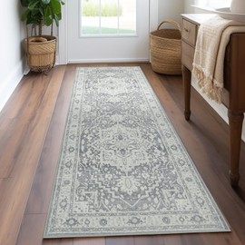 jinchan Hallway Runner Rug 2x10 - Soft Kitchen Machine Washable Vintage Floral Non-Slip with Rubber Backing Ultra-Thin Low-Pile Carpet for Bedroom Laundry Room Living Room (2x10ft,Light Grey)