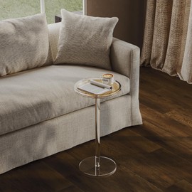 HMYHUM Acrylic Rattan Drink Table for Small Spaces, 11.8'' L x 11.8'' L x 24'' H, Round Coffee Martini Drink Side Table with Pedestal for Living Room, Corners, Sofa, Clear, Easy Assembly