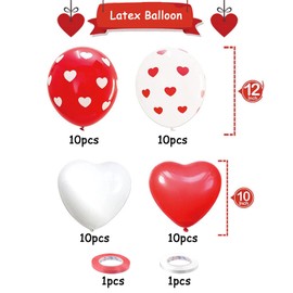 Valentines Day Balloons 40Pcs Red White Heart Latex Balloons with 2 Ribbons for Romantic Decorations Engagement Wedding Anniversary Birthday Supplies