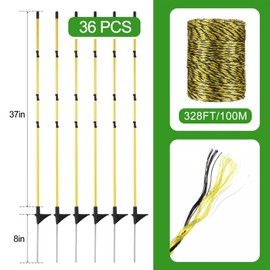 Sasylvia 36 Pcs 45 Inch Fiberglass Electric Fence Posts with 328 Feet Poly Wire Easy Step in Posts Electric Fence Kit for Goats, Sheep, Lambs Livestock in Garden Backyard Farm