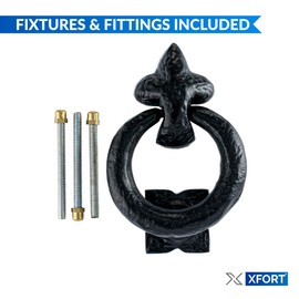 XFORT Fleur De LYS Black Antique Ring Door Knocker, Traditional Black Ring Front Door Knocker, Rustic Black Iron Door Knocker, Cast Iron Ring Knocker, Vintage Black Door Knockers for Front Door