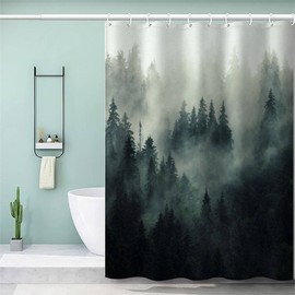 AASIRA Shower Curtain, 180 x 200 cm, Anti-Mould, Christmas Forest Motif, Waterproof Textile Shower Curtains, Retro Forest, Washable Polyester Bath Curtain for Bathtub, Bathroom with 12 Shower Curtain