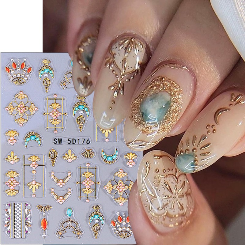 2 Sheets Embossed Gold Nail Stickers for Nail Art 5D