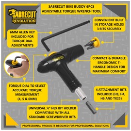 6 x SabreCut SCBT01 Adjustable Torque Wrench Bicycle Multitool Kit - 4 Bits (H3, H4, H6, TX25) 3 Torque Levels (4, 5, 6Nm) Lightweight and Portable for Road and Mountain Bike Maintenance