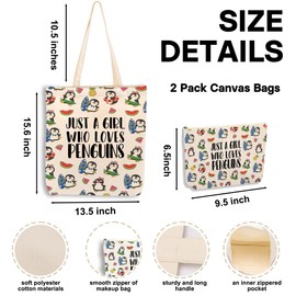 Cute Penguin Gifts，2PCS Makeup Cosmetic Bag Canvas Tote Bag Beach Bag for Shopping Work Office, Penguin Decor Stuff Merch Gift for Animal Penguins Lovers Women Girl Birthday Friendship Christmas