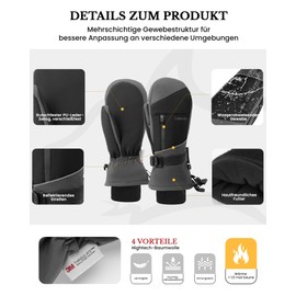 Caracaleap Ski Gloves Men Women Mittens Gloves Waterproof Winter Gloves for Skiing Snowboarding Hiking Cycling Gloves Grey L-XL