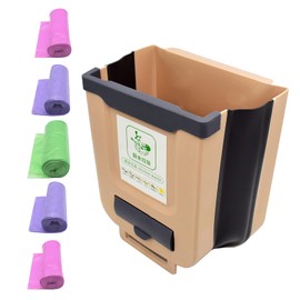 GKYZBB 10L Hanging Kitchen Trash Can,Apply to Portable Folding Trash Can for Cabinet/Car/Bathroom/Bedroom,with 5 Rolls of Garbage Bags (Brown)