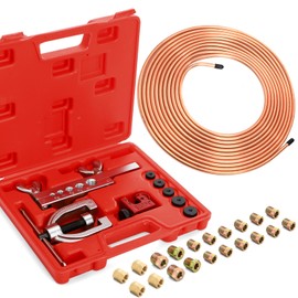 Fasmov 25 ft 1/4" Copper Coated Brake Line Kit, Brake Line Flaring Tool Kit (Includes 16 Fittings and 4 Unions Brake Line Fittings) + Double & Single Flaring Tool Kit