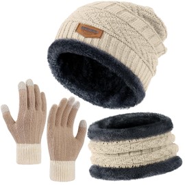 Winter Beanie Hat Circle Scarves Touchscreen Gloves Set, Warm Thick Fleece Lined Skull Cap Gloves Neck Warmer for Women Men, Beige