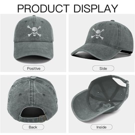 Gaakvrr Skull and Crossbones Baseball Cap for Men Women, Embroidered Skeleton Hat, Funny Adjustable Washed Denim Cotton Skull Hat(Grey)