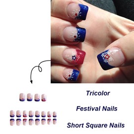 24 pcs Square Press on Nails Short Fake Nails Red Blue French Tip Stick on Nails with Brilliant Stars Designs Glitter Acrylic Nails for Women 4th of July Independence Day Manicure Decorations