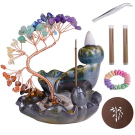 Waterfall Incense Burner, FHDUSRYO Backflow Incense Holder with Crystals Tree, 7 Chakra Crystal Censer Incense Stick Stand with 60 Incense Cones, 60 Incense Sticks, Aromatherapy Ornament Home Decor