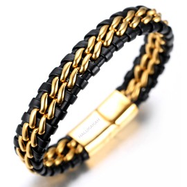 HALUKAKAH ● Solo ● Men's Genuine Leather Titanium Bracelet Black & Golden 8.46"(21.5cm) with Free Giftbox