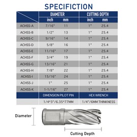 Pro Edge 11pcs Annular Cutter Set, 1" Cutting Depth, 7/16" to 1-1/16" Cutting Diameter, M2 Mag Drill Bits for Magnetic Drill Press with 2 Pilot Pin & 1 Hex Wrench, for Steel, Aluminum, Copper