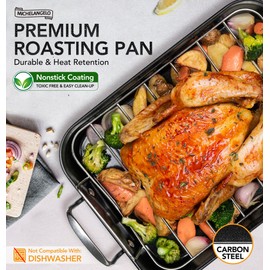 MICHELANGELO Roasting Pan with Rack, Carbon Steel Turkey Roasting Pan for Oven and Induction, Nonstick Turkey Roaster Pan with Stainless Steel Rack, 15 Inch x 11 Inch