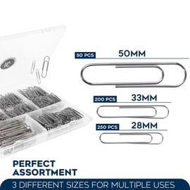 500 Pack Paper Clips by Luxurecourt - 3 Assorted Sizes of Silver Small and Large Paperclips Bulk, Rust-Resistant Nickel Plated Steel Clips, Essential for Organization - Home, School, Office Supplies