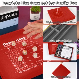 AUSIIBTO Dice Tray and Storage Case for Farkle Game - Includes Embedded Scoring Combinations, 4 Sets of 6 Pearl Dice, 50 Sheet Score Pad and Pen Holder for The Classic Family Game - Red and Grey