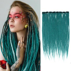 Quisduis 16 Inch Clip in Dreadlocks Hair Extensions, 8PCS 32 Strands Pine Green Synthetic Dreas Extensions Handmade Soft Thin Dreadlocks for Women