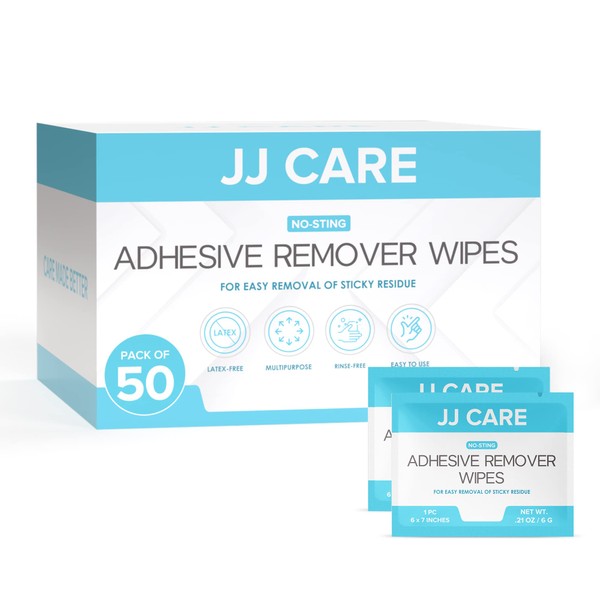 JJ CARE Adhesive Remover Wipes [Pack of 50] 6”x7” Large Stoma Wipes - Medical Adhesive Remover Wipes - Sting Free Adhesive Remover Wipes for Skin Ostomy, Stoma, Colostomy Devices, Dressings and Medical Tapes