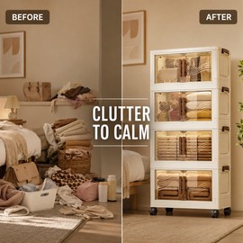 Beige Plastic Stackable Storage Box with Lid and Wheels for Home Organization