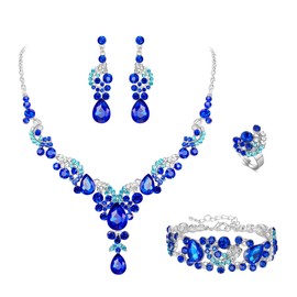 Ever Faith Costume Jewellery Sets for Women, Rhinestone Crystal Floral Wave Teardrop Pendant Necklace Dangle Earrings Bracelet Ring Set Royal Blue Silver-Tone