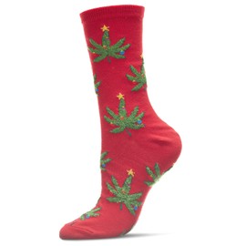 MeMoi Women's Pot Leaf Christmas Trees Holiday Crew Socks Red 9-11