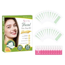 Beauty7 Tiras de cera para cejas, 50 tiras de depilación facial | Tiras de cera para cara y labios, 10 toallitas de aceite calmantes, listas para usar