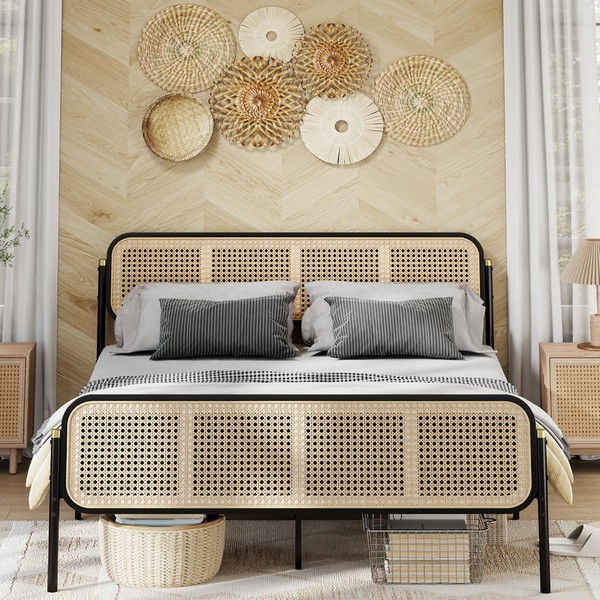 VOPEAK Rattan Bed Frame Queen Size with Headboard, Boho Bed