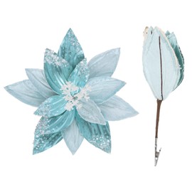 SHACOS 10 pcs 10" Artificial Light Blue Poinsettia Flowers Clips on Velvet Floral Picks Christmas Flowers Christmas Tree Ornaments Wreath Garland Decoration