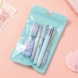 MOZXIRZ 6 Pcs Cute Pink Stationery Set Kawaii School Supplies Office Supplies Women Girls Stationery Kit Including Ballpoint Pens Pencil Highlighter Correction Tape Ruler Eraser (Blue)