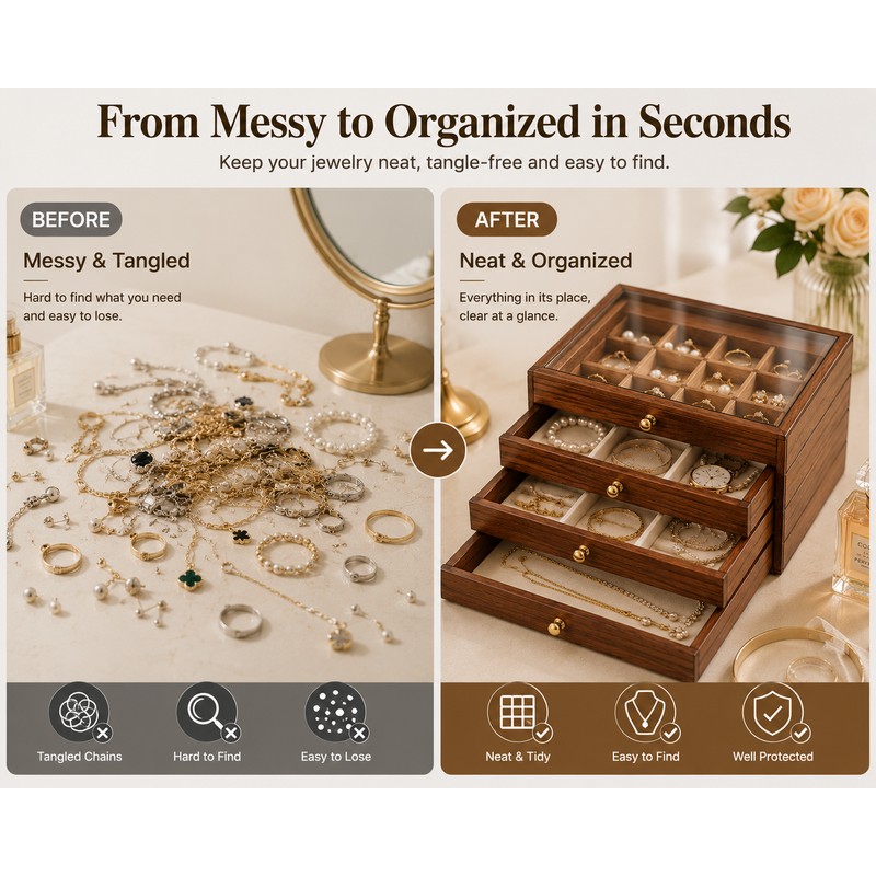 Wooden Jewelry Box Transparent Window Rings Necklace Storage Organizer Box