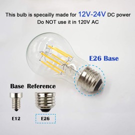 OPALRAY Low Voltage 12V Input Edison Style Classical A60(A19) Bulb, Dimmable with 12V DC Dimmer, 6W 600LM, 4000K Natural White, E26 Medium Base, 60W Incandescent Equivalent, 12V-24V DC Power, 2 Pack