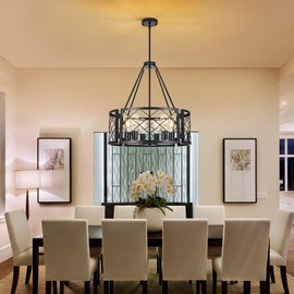 Sigaitwei 6-Light Farmhouse Chandelier Rustic Black Chandelier for Dining Room,Adjustable Pendant Light,Drum Chandelier for Kitchen Island Entryway Bedroom Hallway,21.7'',E26.