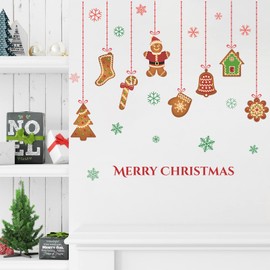 Merry Christmas Wall Decals Peel and Stick Wall Art Gingerbread Candy House Snowflake Wall Stickers Room Door Christmas Party Window Wall Decorations (Gingerbread)