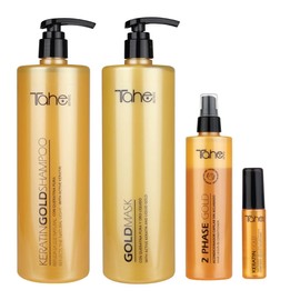 TAHE Keratin Gold Shampoo 1000ml, Mask 1000ml, Serum 30ml & Bio-Fluid Leave-In Conditioner 2 Phase (New Presentation)
