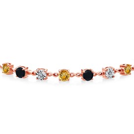 Gem Stone King 3.14 Ct Round Yellow Citrine Black Onyx 18K Rose Gold Plated Silver Lab Grown Diamond Tennis Bracelet For Women (Fully Adjustable Up to 9 Inch)