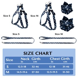 GoaePode Dog Harness Collar Lead Set with Bell, Adjustable Padded Vest, Floral Pattern Bow Tie & Leash, Strong Buckle for Small Medium Large Dogs, Blue, Size M